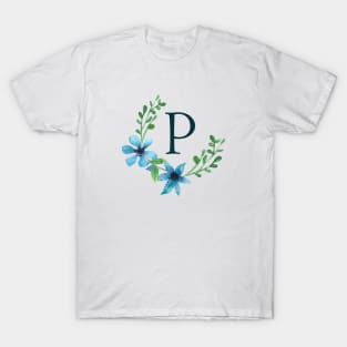 Floral Monogram P Pretty Blue Flowers T-Shirt